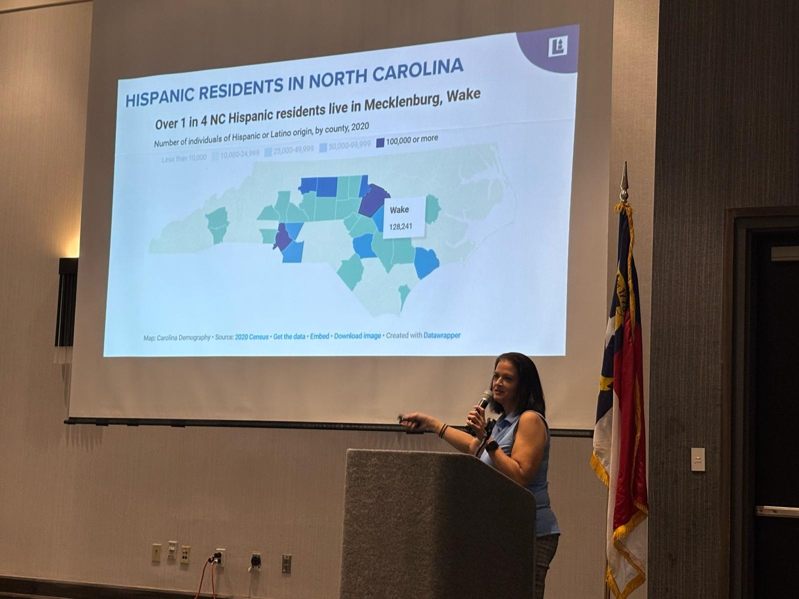 Barbara Casanova presenting Hispanic demographic data at a speaking engagement
